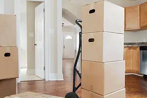 Moving boxes stacked on a dolly inside a home.
